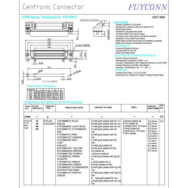 50 36 24 14 Pin Centronics Connector ,57 CN Series PCB Male Printer Connector