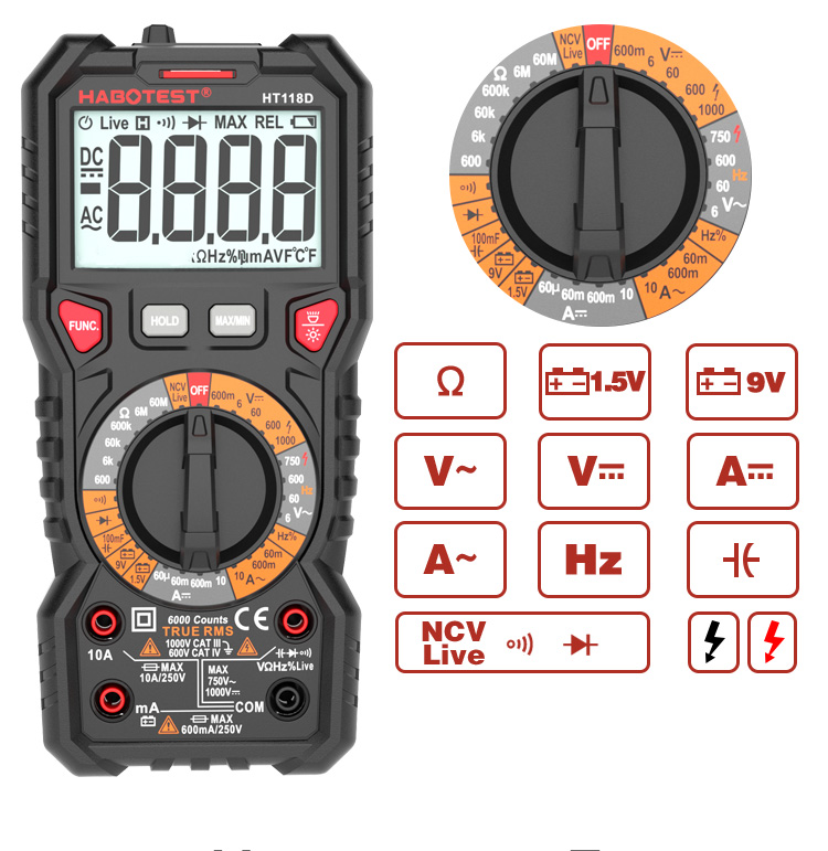 Professional Automatic Digital Multimeter 1000v With Input Jack LED Indicator