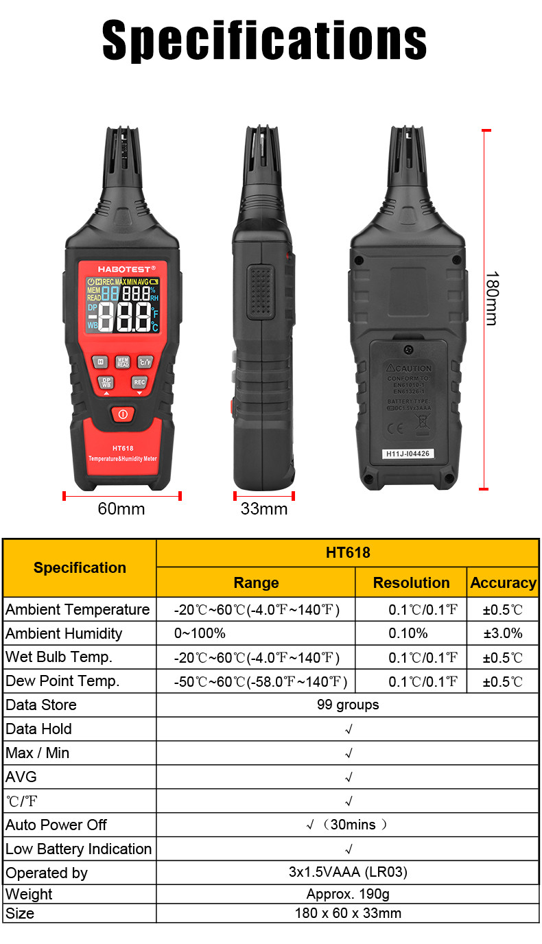 60 Degree LCD Display Digital Temp And Humidity Meter