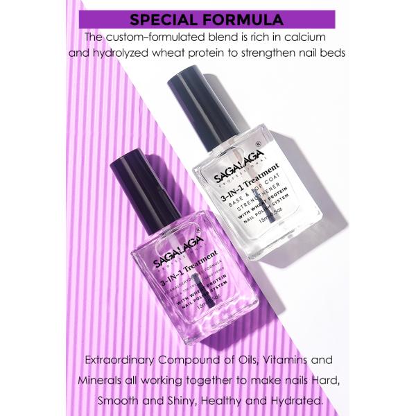 SAGALAGA 3 in 1 Nail Base & Top Coat & Hardener Strengthener Treatment for Cracked and Damaged Nails Care