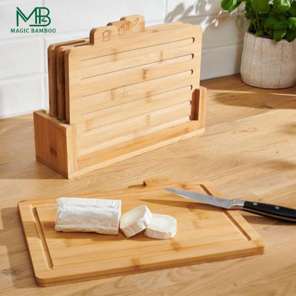 Bamboo cutting board set 4 coded with stand