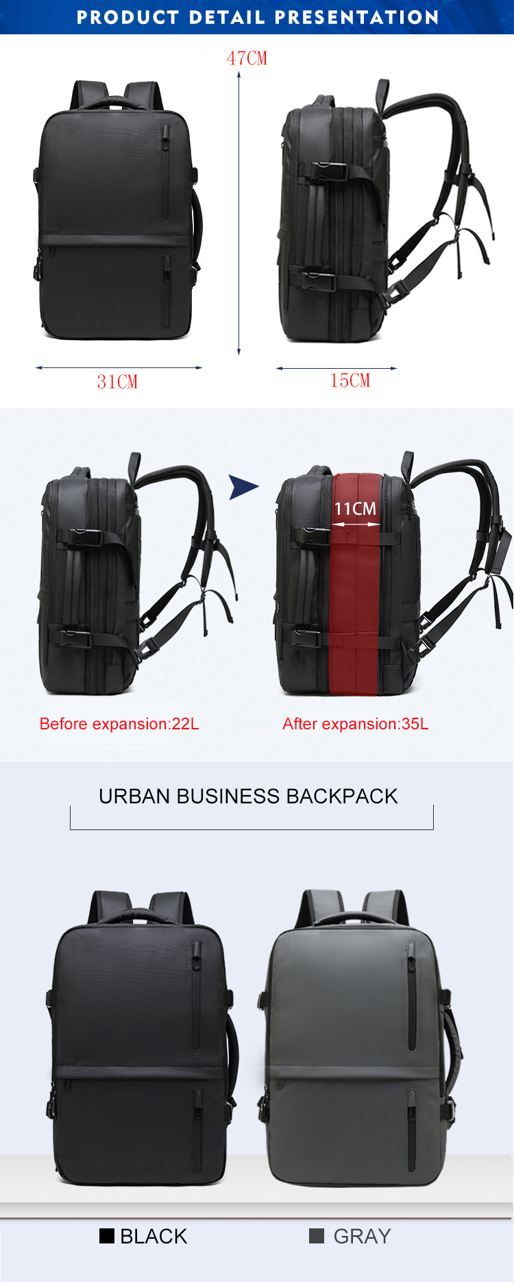 Computer Interlayer Extendable Multi Functional Backpack 35L