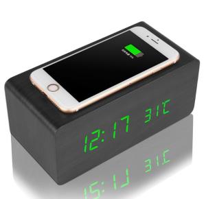 China Universal Creative Desktop Charging Station Wooden Case With LED Alarm Clock on sale