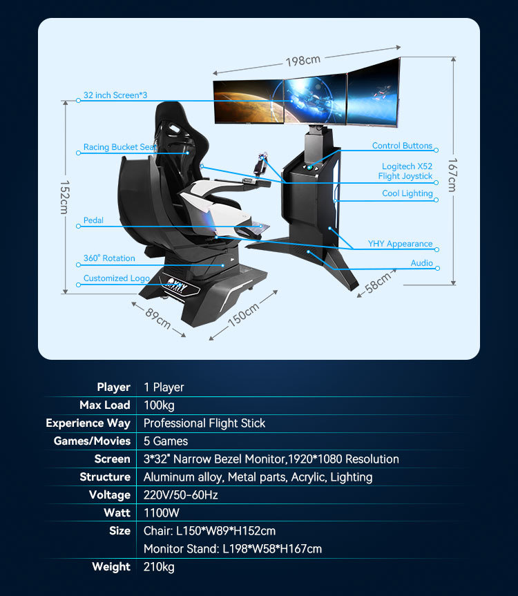 32 Inch Three Screens Dynamic Platform Flight Simulator