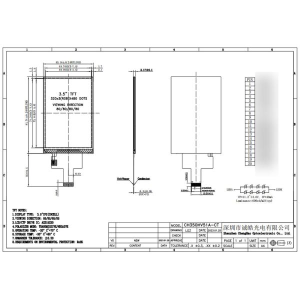 Incell TFT 20Pin LCD Display Module 320x480dots Sunlight Readable