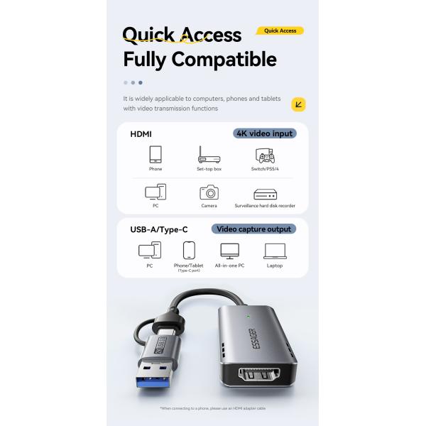 ESSAGER ES-CJK01 USB 3.0 Type C Hdmi 1080p 2K 4K Video Capture Card For PC TV Phone Laptop Camera Live Streaming Gaming