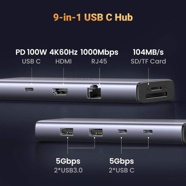 Revodok 9 in 1 USB C Hub Gigabit Ethernet Adapter 100W PD Charging,USB A&C Data Ports, SD/TF Card Reader