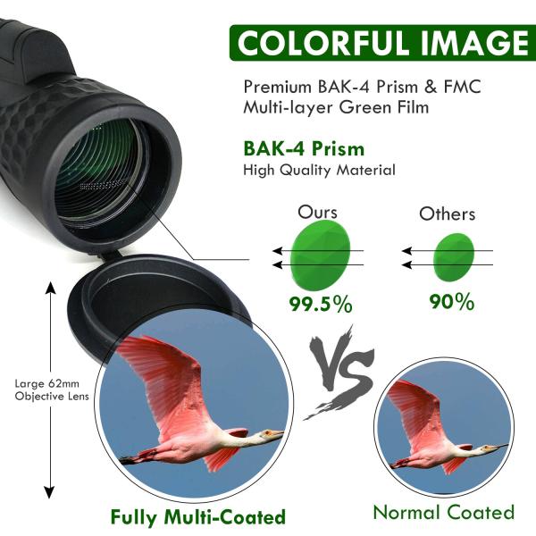18x62 HD Bak4 Mobile Phone Telescope Low Night Vision For Adults Birding Hunting Hiking