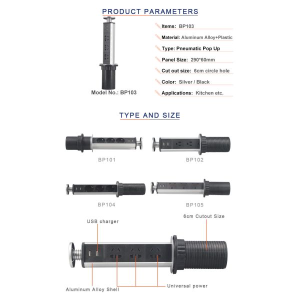 Electric Plugs and Socket for Kitchen Worktop/Tabletop Connection Box
