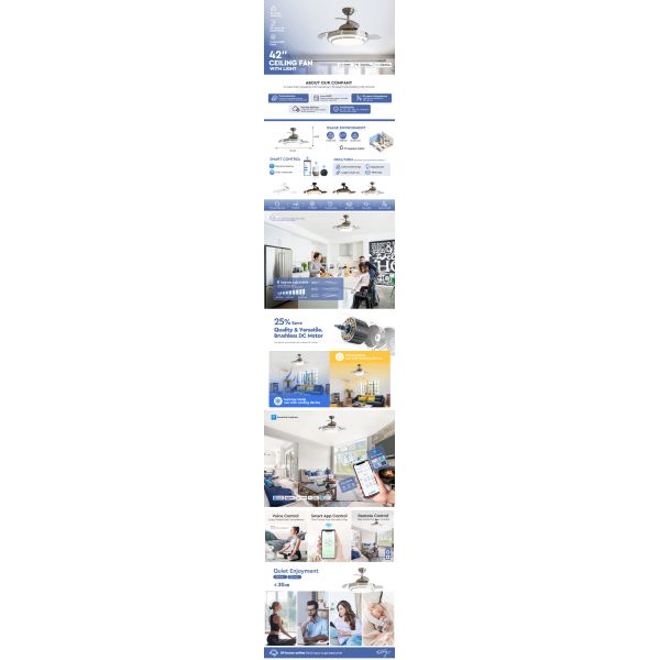 42" Retractable Ceiling Fan Light With Remote Control DC Motor