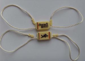 China Custom Garment Plastic Lock Brand Seal Hang Tags Strings Colored Emboss Logo on sale