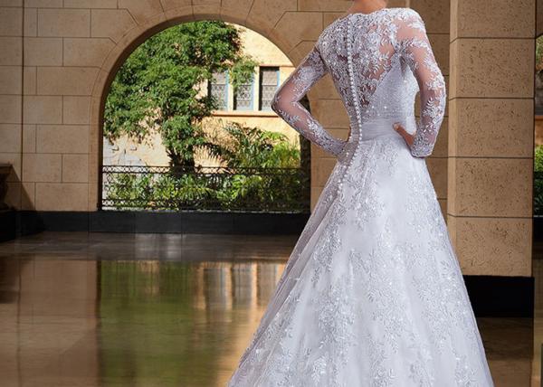 Long Tail A Line Bridal Gowns , Long Sleeve Lace Wedding Gown V Neck With Beads