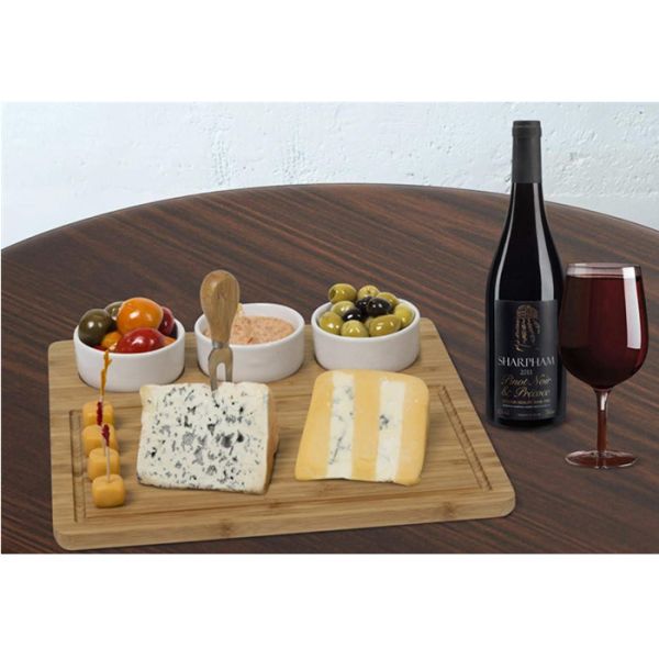 Unbreakable Bamboo Cheese Serving Tray , Bamboo Cheese Platter Board With 3 Bowl