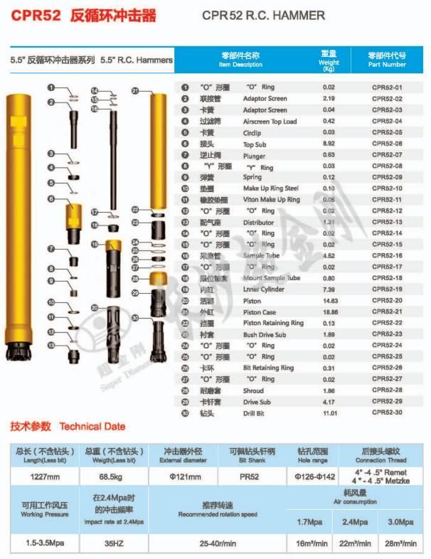 Exploration Drilling Bits RC DTH Hammers Pr52 Hammer