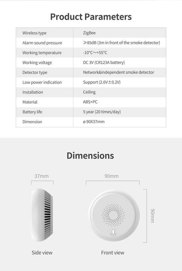 Tuya Zigbee Smoke Detector 2.4GHz Fire Alarm Sensor 5 Years Battery Life