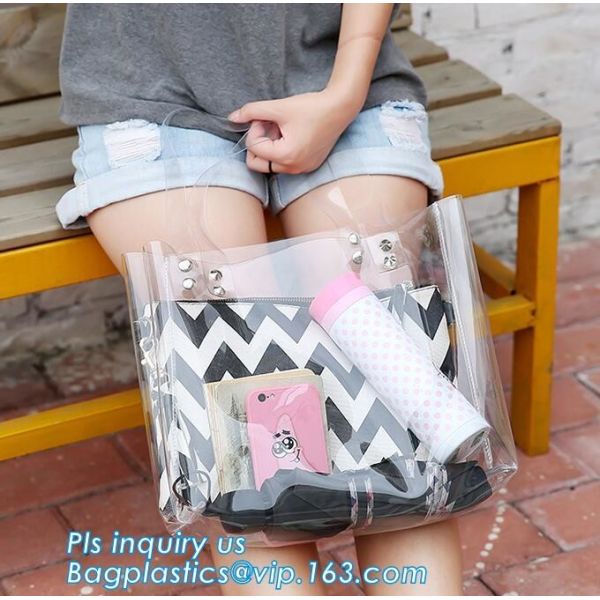 PVC Clear Glitter Chain Shoulder Bag, PVC Shoulder Plastic Beach Bag, clear pvc gift handbags, shoulder beach pvc bags