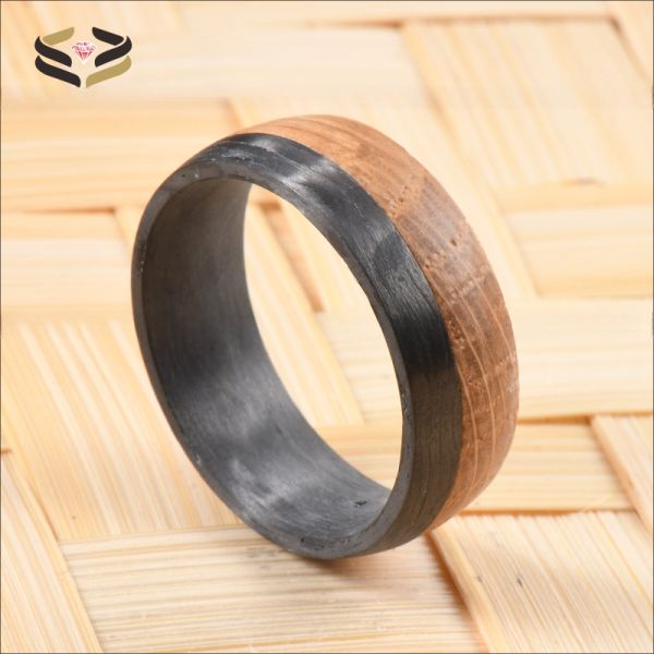 Wedding Dome Black Carbon Fiber Ring Natural Charred Whiskey Barrel Wood Inlayed For Men
