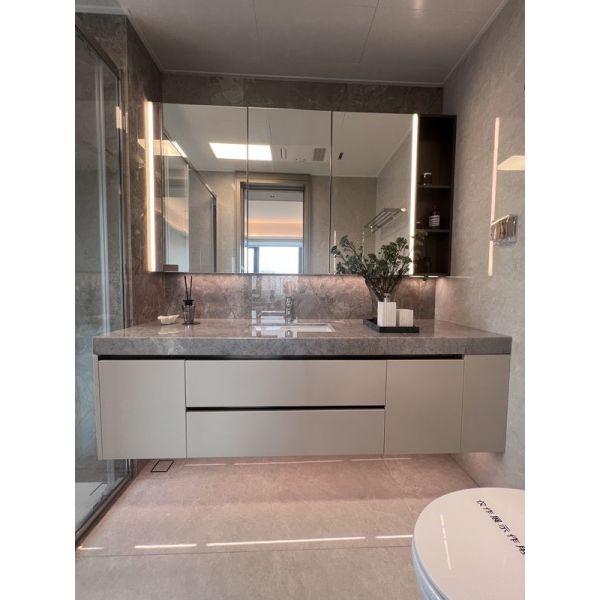 Customization Bathroom Vanity Cabinet With Soft Beige Color And Gray Marble Countertop