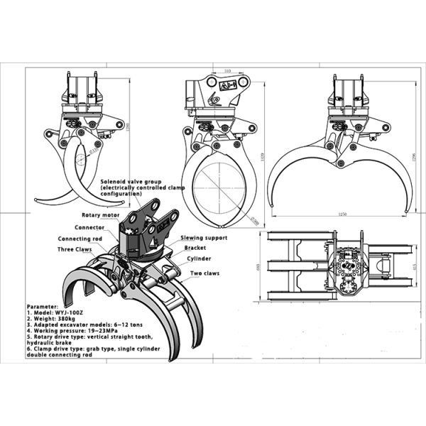 Hydraulic Rotator Grapple 360 Degree Excavator Bucket Grapple Attachment