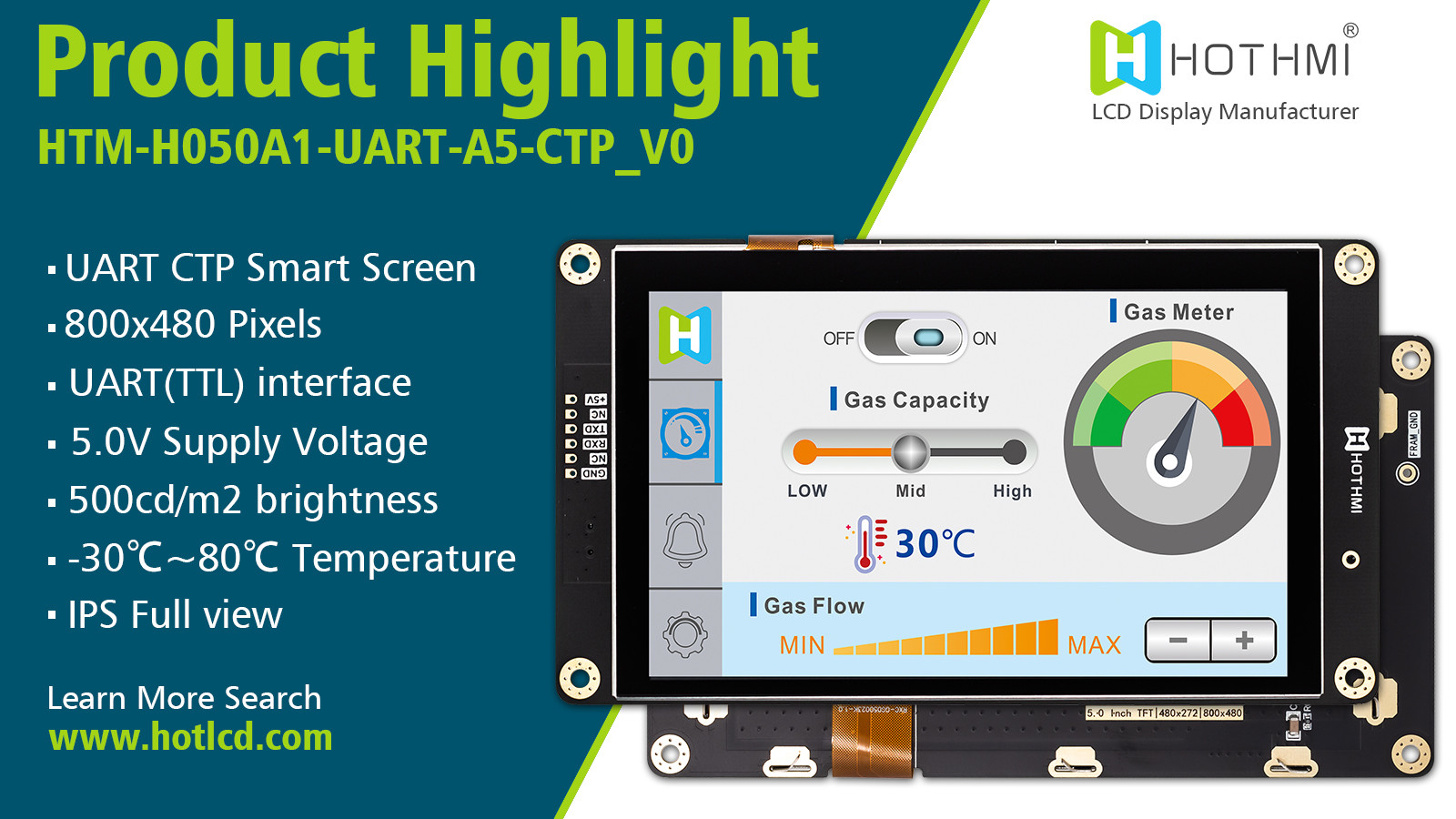 5 Inch Smart Serial Screen 800x480 UART TFT LCD Module Display Panel With Capacitive Touch