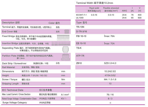 16mm2 Din Power Terminal Block 800v / 76A Brass 10mm Stripping Length