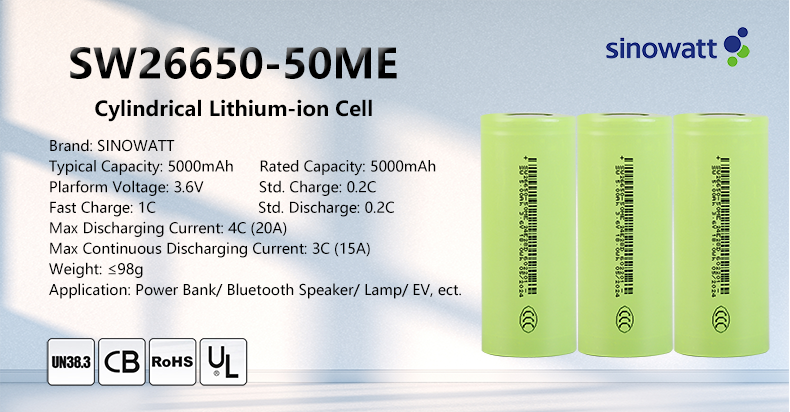 SW26650-50ME 26650 5000mah High Capacity 3.6v Li Ion Rechargeable Lithium-ion Cell 5000 Cycle Long Cycle Life Battery