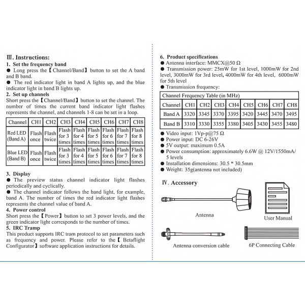 3.3G 6W Video Transmitter 3.3Ghz FPV VTX 8 Channels Long Range Video Audio Transmission
