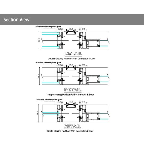 108 Series Glass partition Wall System Soundproof Wall Partiton Wiht Aluminum Frame