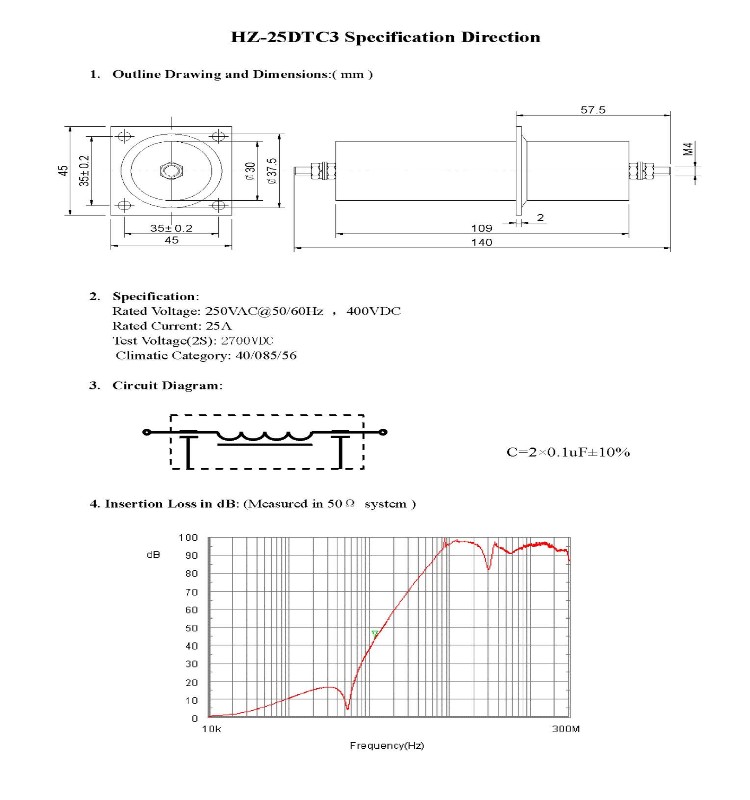 High Voltage 6A 25A Suppression Emi Feedthrough Filter Dc Line Filter
