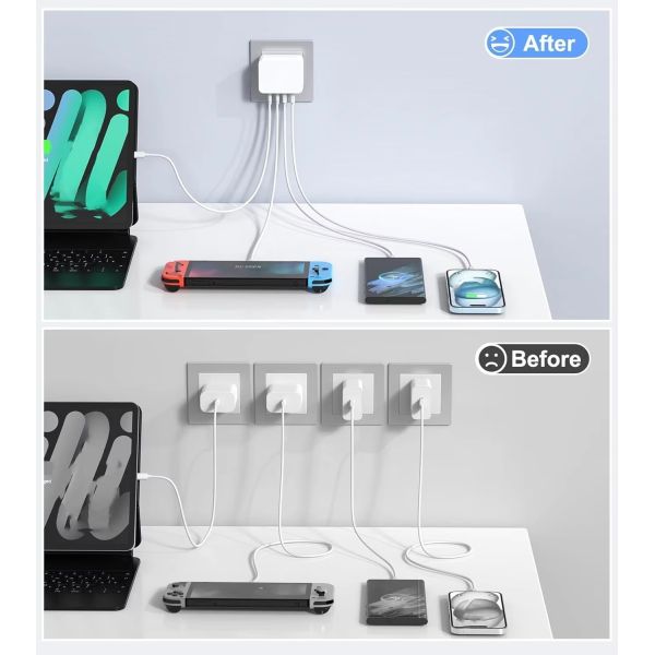 40W 4-Port USB C Wall Charger With Thin Flat Fast Charger Cube PD QC Adapter And Wall Plug For Microphone USB Type C