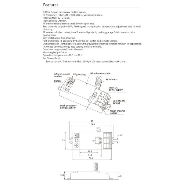 Daylight Monitoring Dimmable Motion Sensor RF Wireless Grouping Tunable White