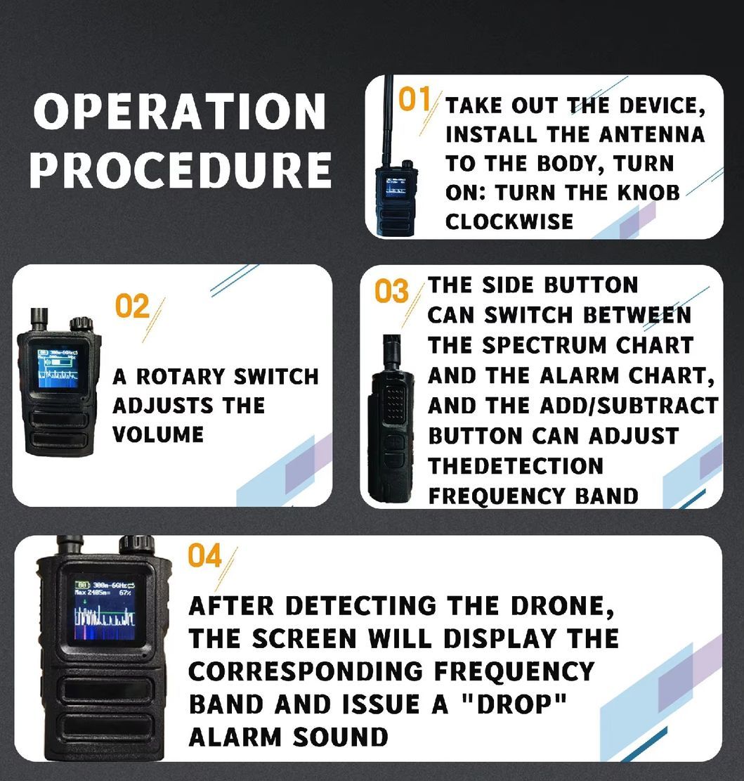 Drone Detector Radio Frequency to Track 1-2km Radius Range with Alarm Function