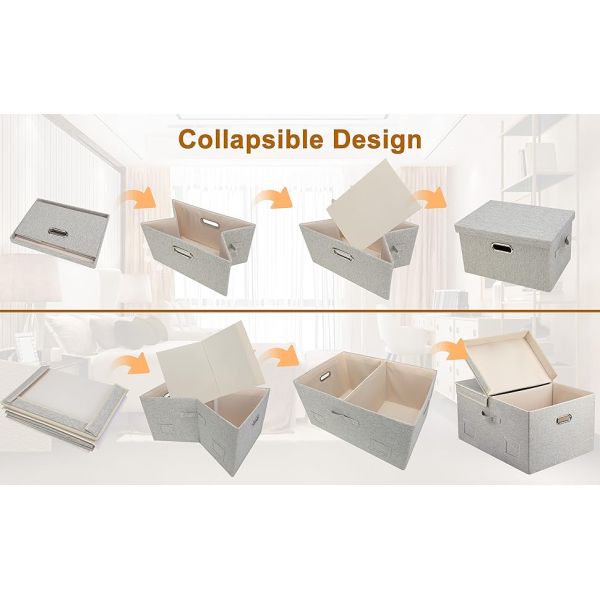 Linen Fabric, Metal Handles Collapsible Stackable Storage Bins With Lids, Packs White Linen Fabric Closet Boxes With Lids, Storage Cube Baskets