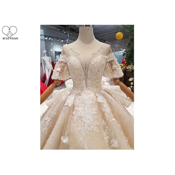 Female Princess Grace Wedding Dress Half Sleeve Beaded Net Three Layer Lace Tail