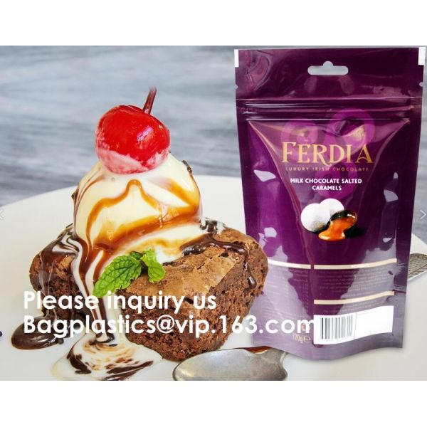 BIODEGRADABLE SUP POUCH CHOCOLATE/ ENERGY BAR PACKING MMJ CLEAR 3-SIDED SEAL WITH ZIPPER & EURO SLOT ULTRA CLEAR STAND U