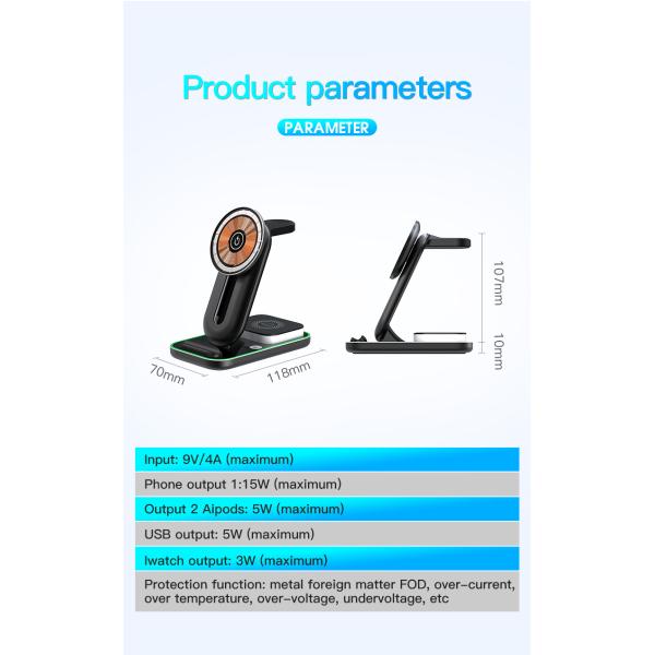 Multiple Devices Magnetic Wireless Charger Stand 3 In 1 Foldable Wireless Charger