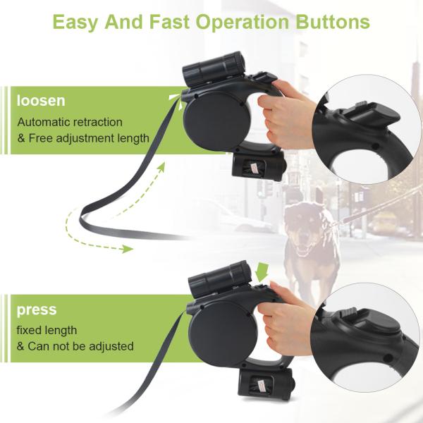 Automatic Retractable 3 In 1 Rope Dog Leash With Flashlight And Poop Bags