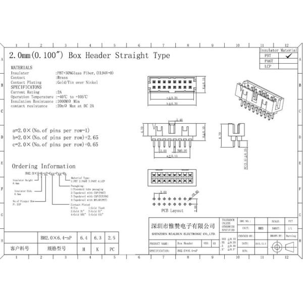 DIP 2.0mm 10 Pin Straight Pin Header Connector High Temperature Resistant