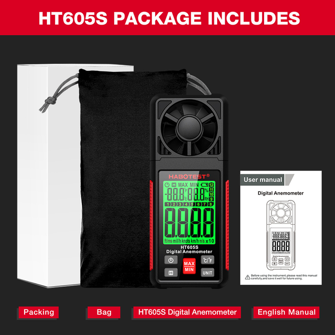 HT605S Digital Anemometer Air Flow Wind Speed Meter LCD Backlight Professional 3 in 1 Thermometer Hygrometer Anemometer