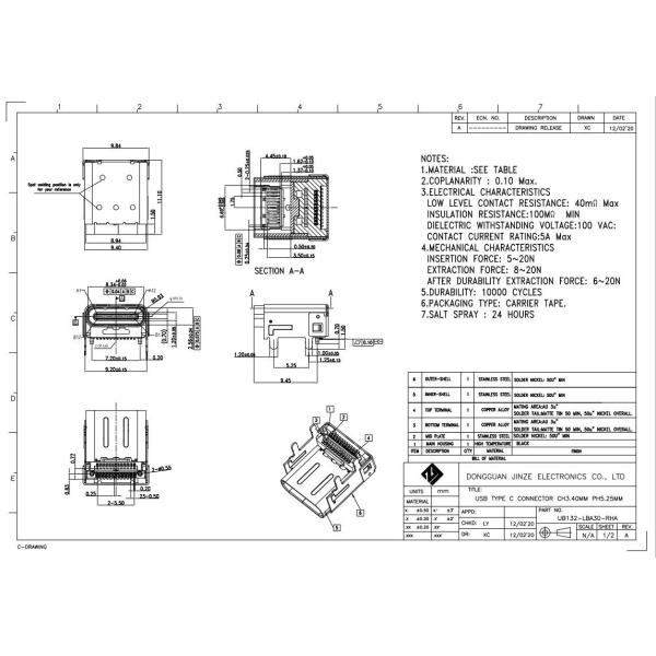 Double Metal Shell 3.1 USB Type C Connectors PCB Female 24Pin ODM