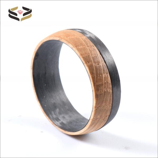 Wedding Dome Black Carbon Fiber Ring Natural Charred Whiskey Barrel Wood Inlayed For Men