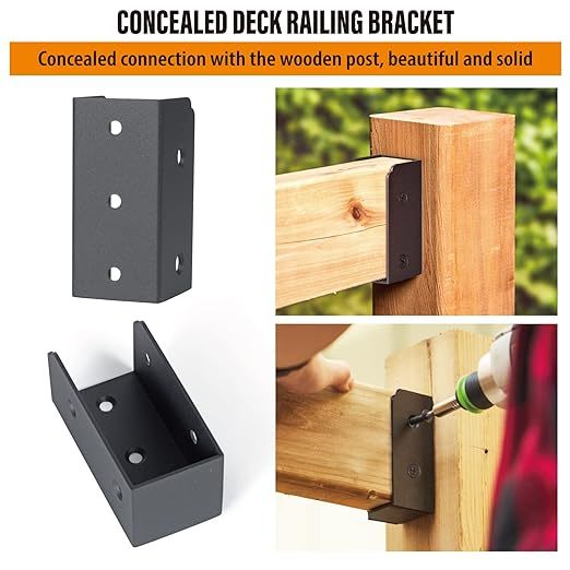 Black Powder Coated 18 Gauge 2x4 Brackets for Wood Deck Rail to Post, Heavy Duty Steel Deck Railing Connectors 2 x 4 with Pre-Drilled Screw Holes