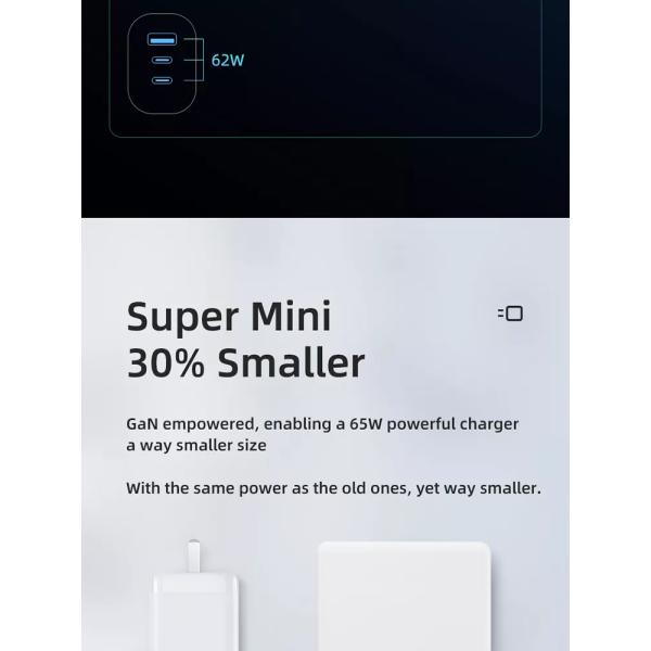 65W GaN 3 Ports USB Type-c Travel Adapter for High Speed Charging of Multiple Devices