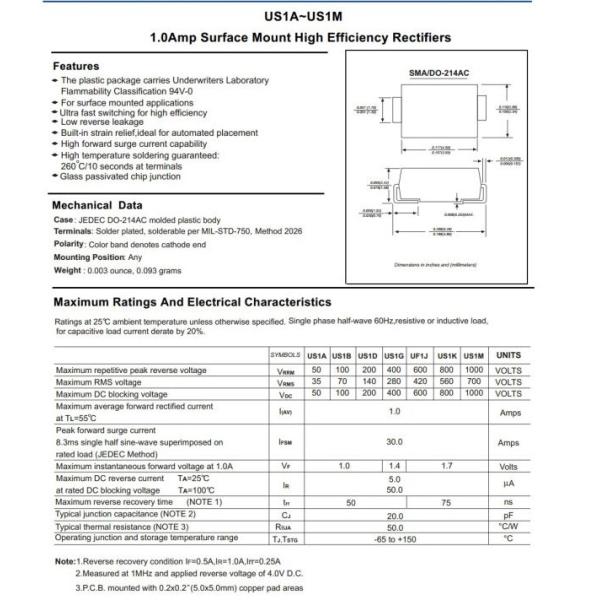 1A Us1a Thru Us1m High Efficiency Rectifier Diode SMA/Do-214AC