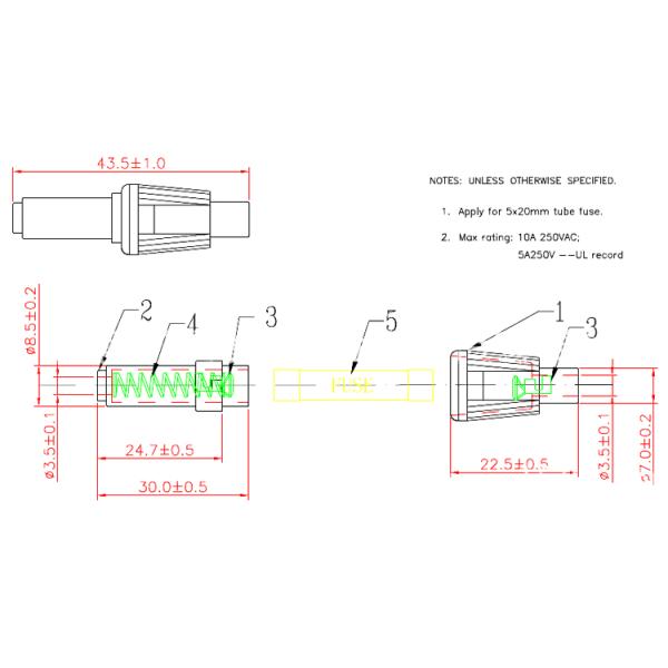 White 5x20 5A Inline Fuse Holders UL Listed With 18AWG 20AWG Cable