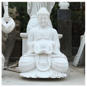 China Sitting Meditation Marble Buddha Statue Home Decor Outdoor Fountain Stone Sculpture Holding Lotus Leaf Garden on sale