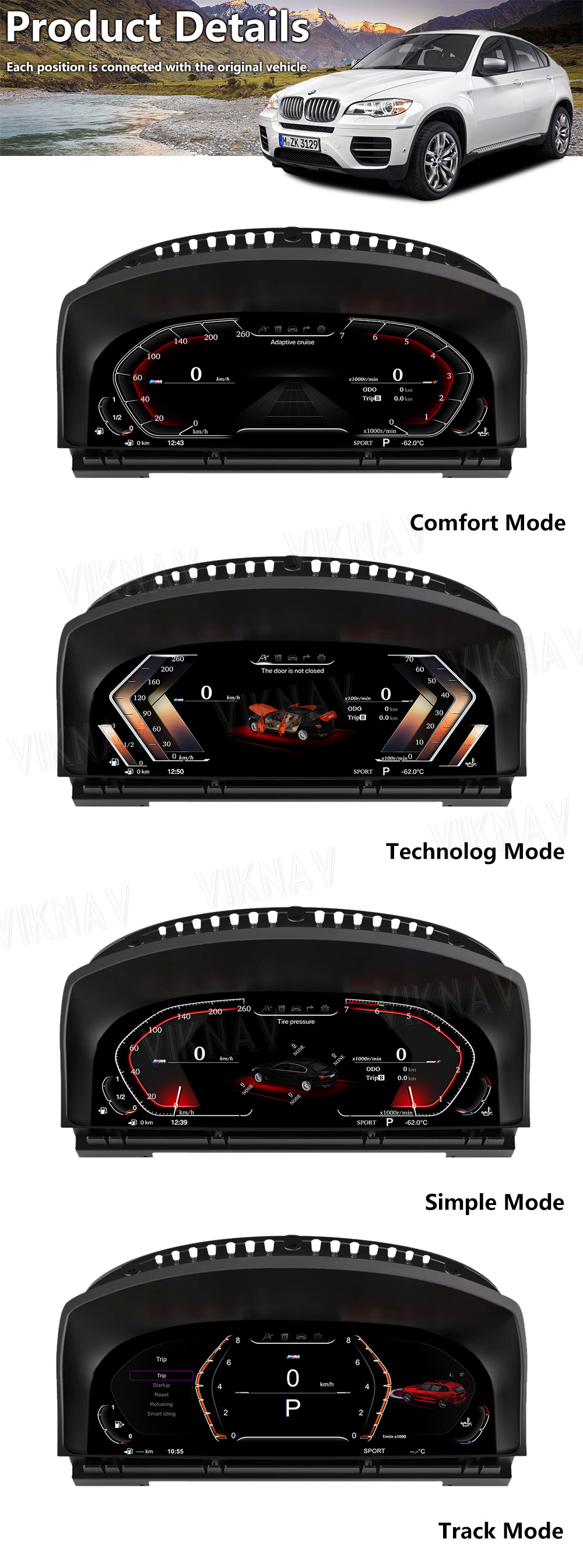Viknav IPS Screen For BMW 7 Series E65 E66 (2001-2008) 12.3 inch Upgrade Smart Cluster Digital Dashboard Speedometer