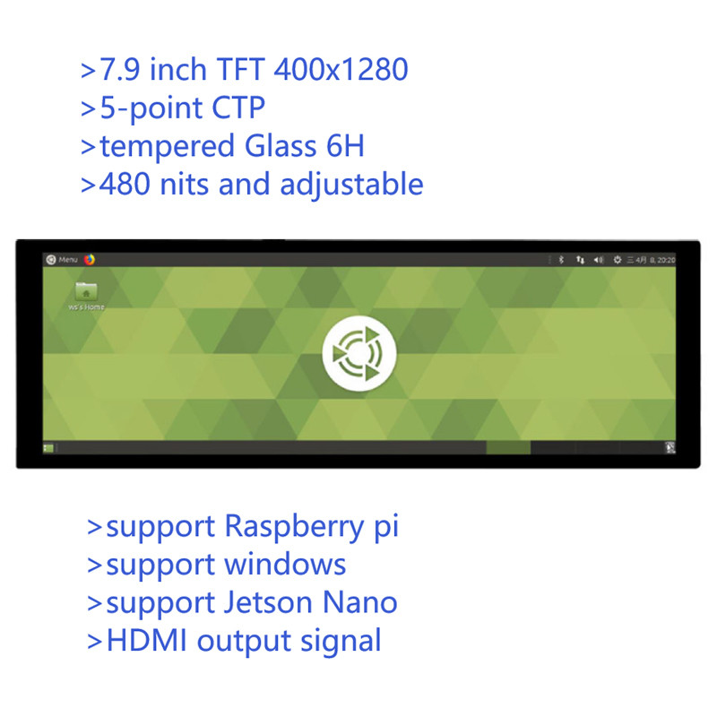 7.9 Inch Bar Type IPS Capacitive Touch TFT Monitor with HDMI Output for Raspberry Pi 4 Windows os 400x1280 Resolution