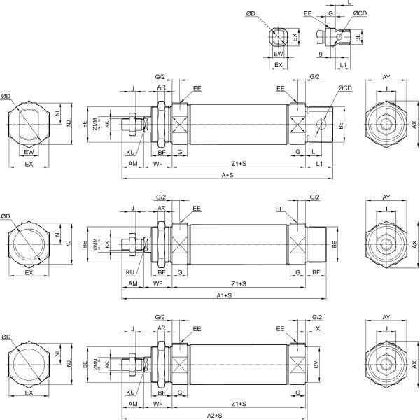 CXSWM Double Rod Pneumatic Cylinder Bearing Type With Adjustable Buffer