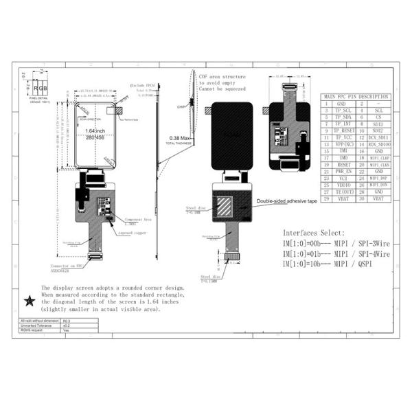 1.64 Inch AMOLED Oled Display 240x536 Resolution SPI/QSPI/MIPI 350c/d Display Driving IC SH8601 Touch Ic FT3168